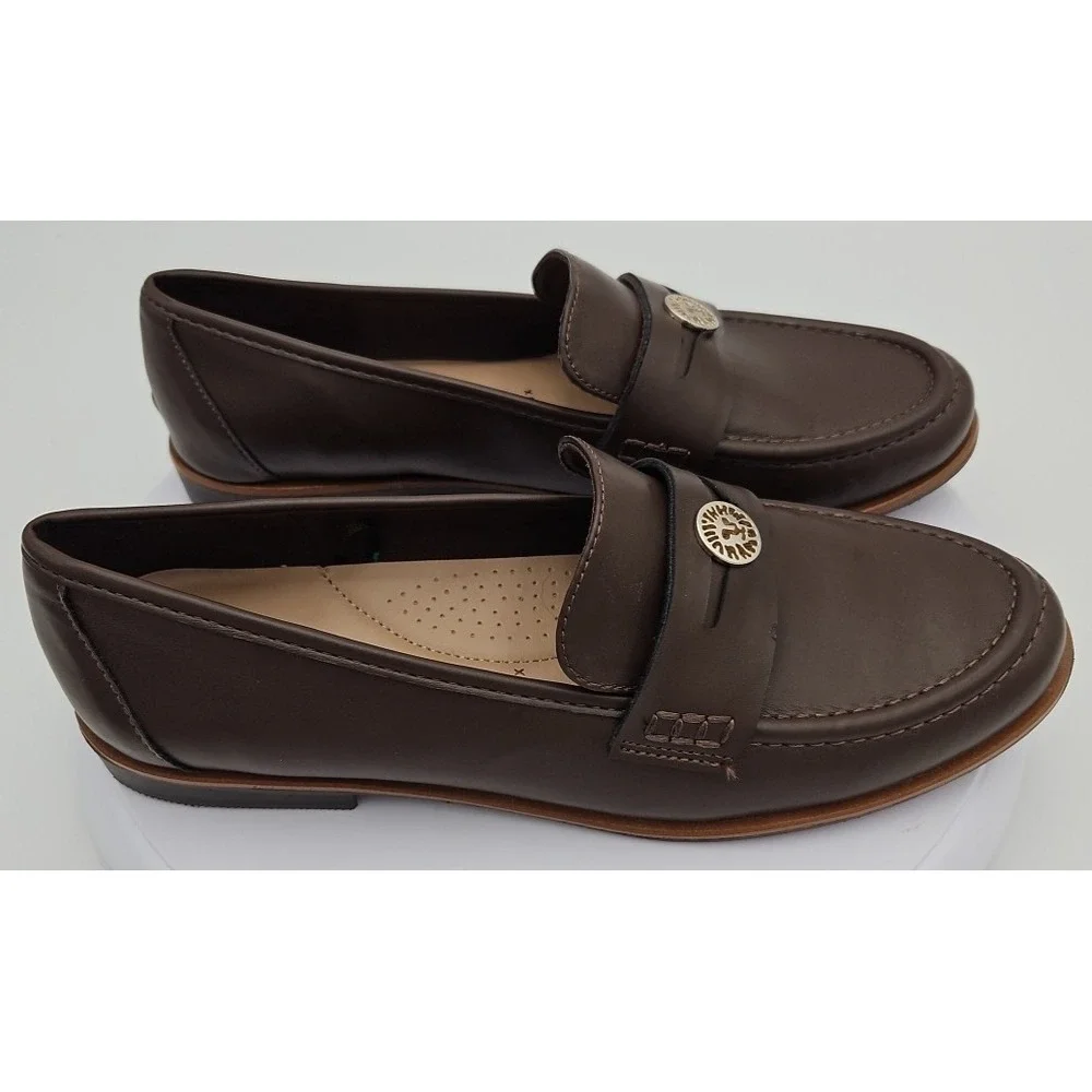 Anne Klein AK Brown Soft Leather iFlex Dress Penny Loafers Gold Logo W/7.5 NWOB